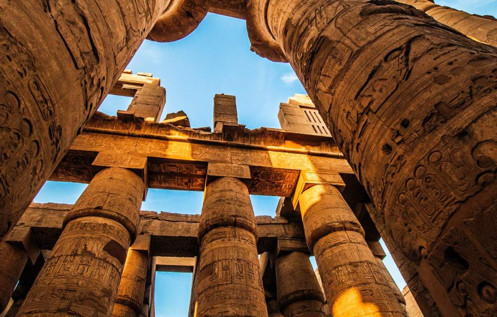 Ancient Egyptian temple columns and carved stonework